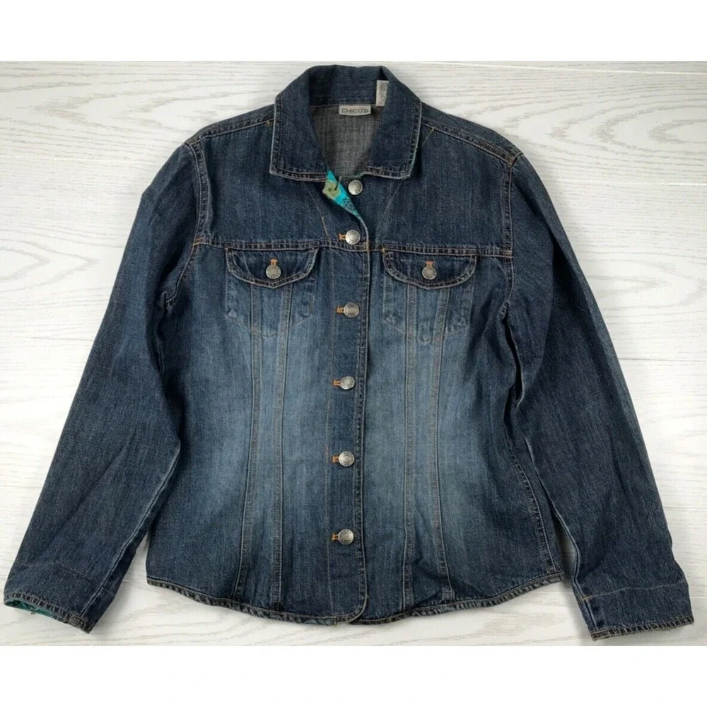 Chicos Denim Jacket Women M Blue Floral Lining Cuff Collar 100% Cotton Button Up - Picture 2 of 12